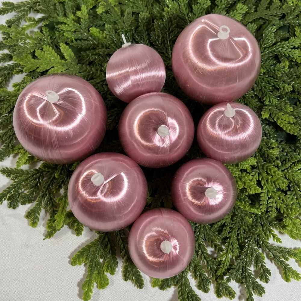 Set of 8 Vintage Satin Sheen Christmas Ornaments Pink Silk Thread Unbreakable